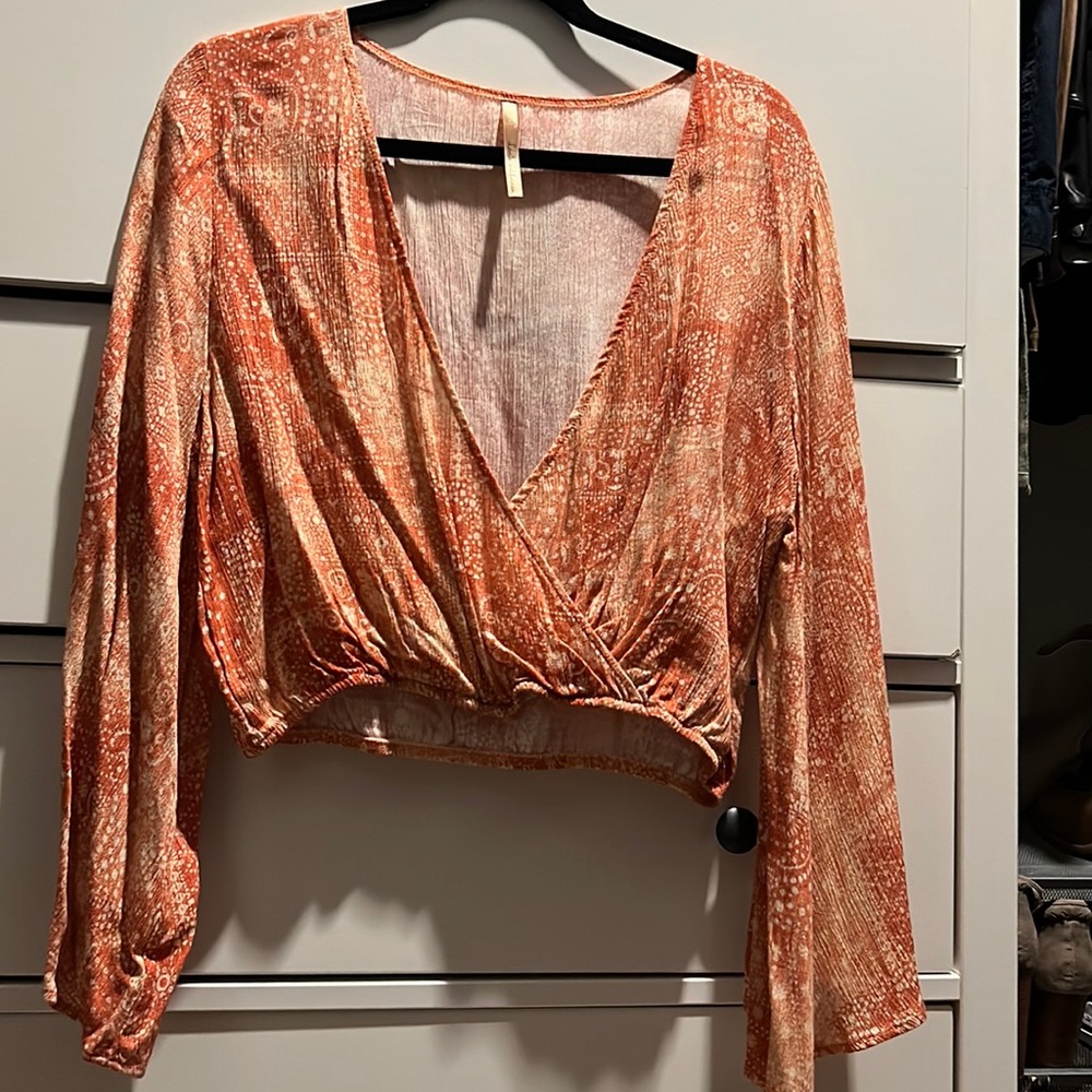 deep v orange paisley crop top